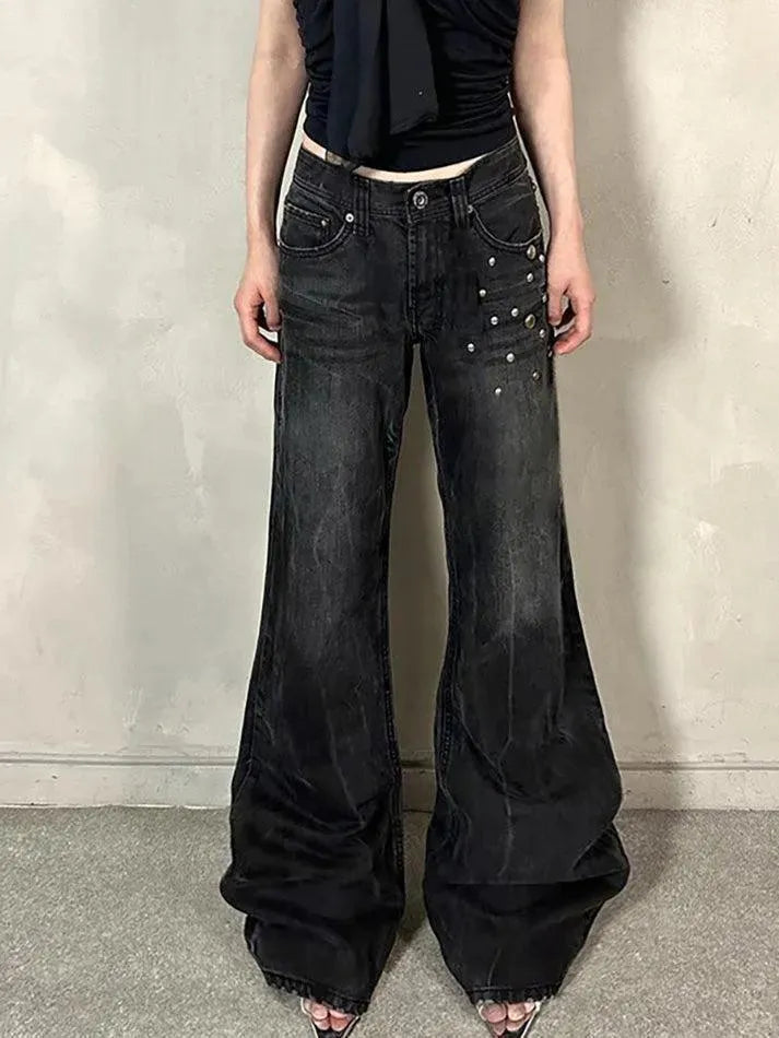 Vintage Washed Studded Flared Jeans - AnotherChill