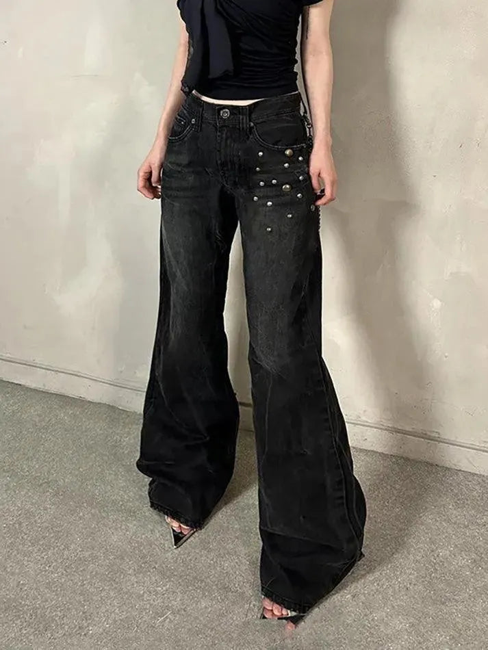 Vintage Washed Studded Flared Jeans - AnotherChill