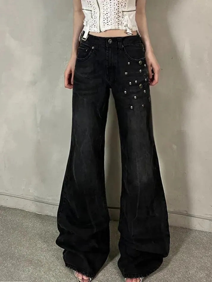 Vintage Washed Studded Flared Jeans - AnotherChill