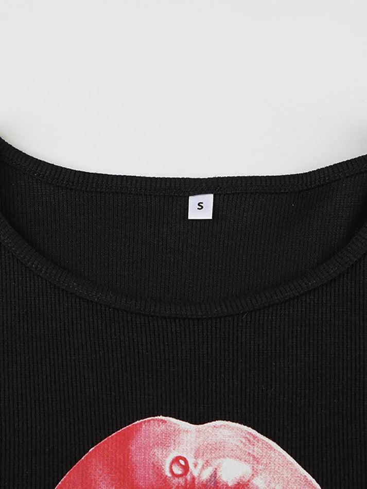 Y2K Cherry Lips Print Crew Neck Crop Top - AnotherChill