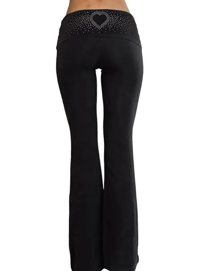 Y2K Heart Rhinestone Foldover Flared Pants - AnotherChill