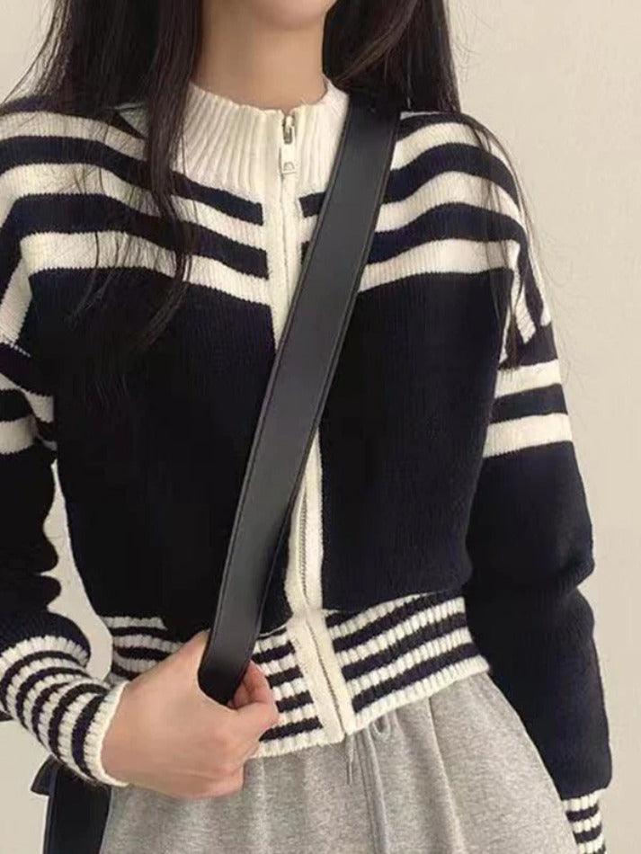 Collar Neck Stripe Short Cardigan - AnotherChill