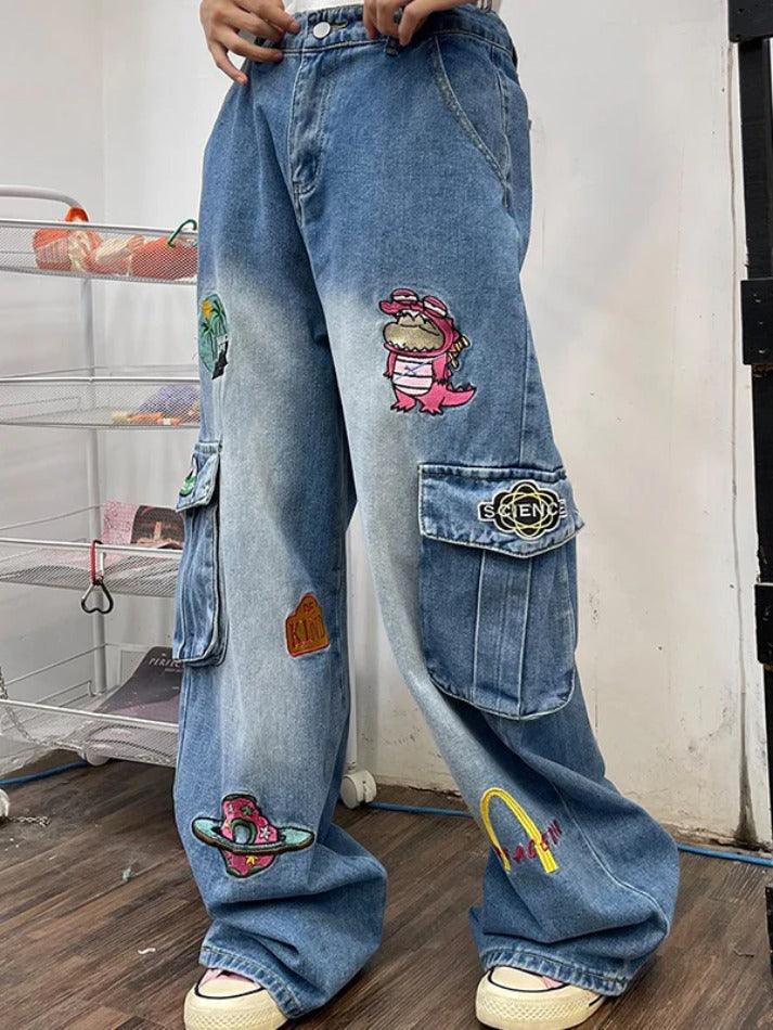 Vintage Cartoon Embroidery Big Pocket Boyfriend Jeans - AnotherChill