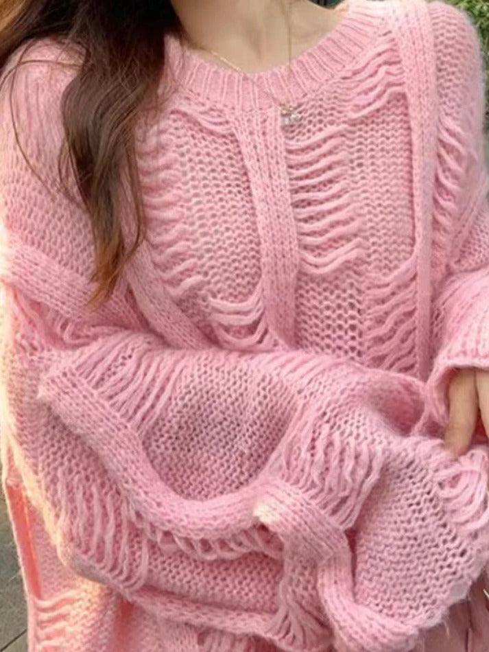 Solid Cutout Loose Knit Sweater - AnotherChill