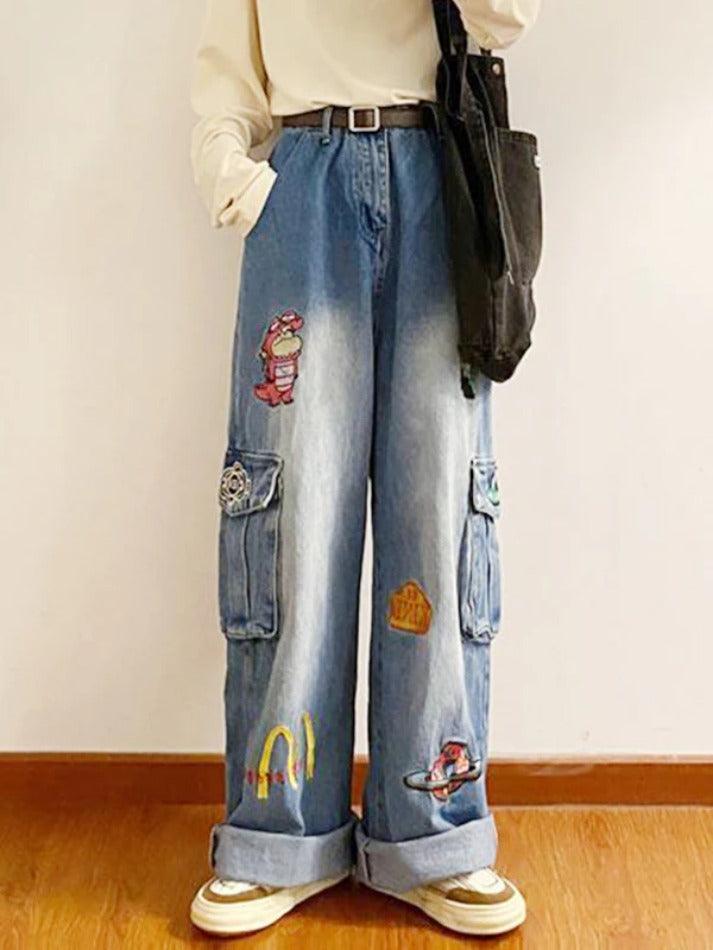 Vintage Cartoon Embroidery Big Pocket Boyfriend Jeans - AnotherChill