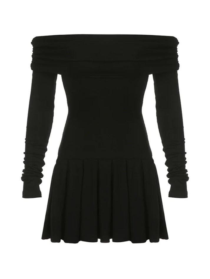 Black Off Shoulder Pleated Slim Mini Dress - AnotherChill