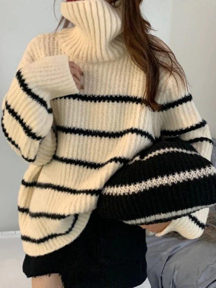 Turtleneck Striped Knit Sweater - AnotherChill