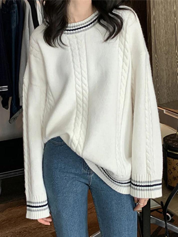 Striped Trim Cable Knit Pullover Sweater - AnotherChill