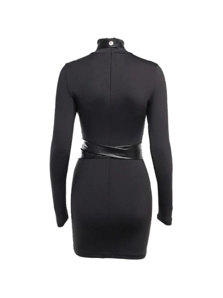 Leather Splice Long Sleeve Bodycon Mini Dress - AnotherChill