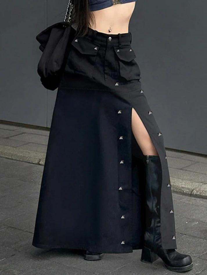 Punk Rivet Decor Big Slit Flap Pocket Maxi Skirt - AnotherChill