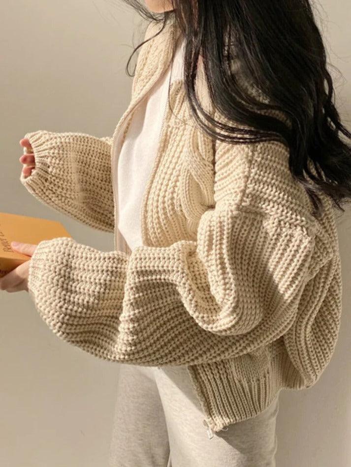 Solid Zip Up Crochet Cable Knit Cardigan - AnotherChill