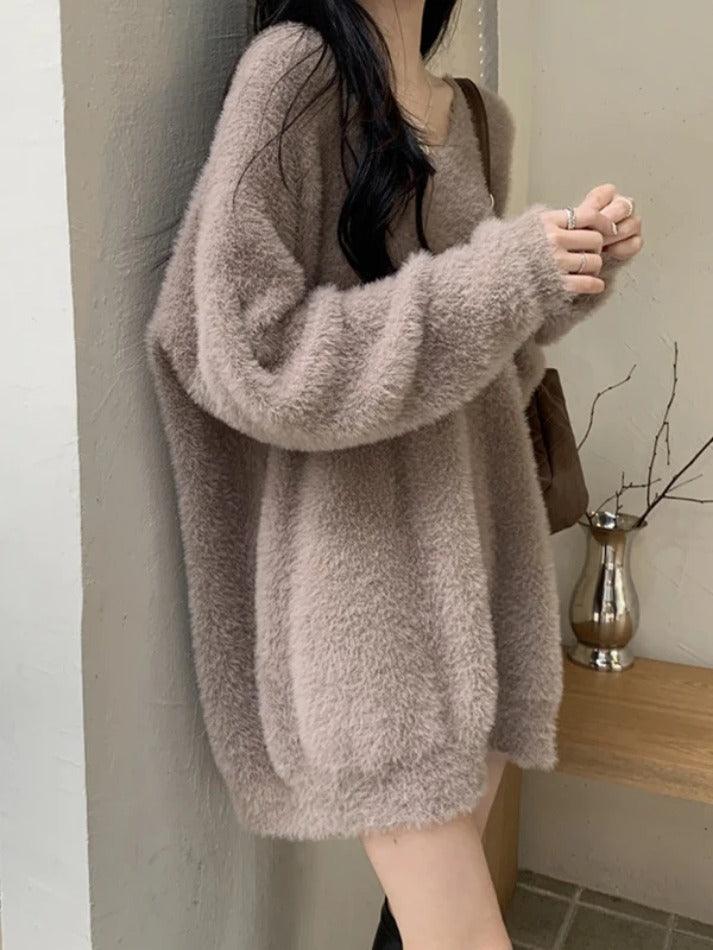 Solid V Neck Fuzzy Loose Sweater - AnotherChill