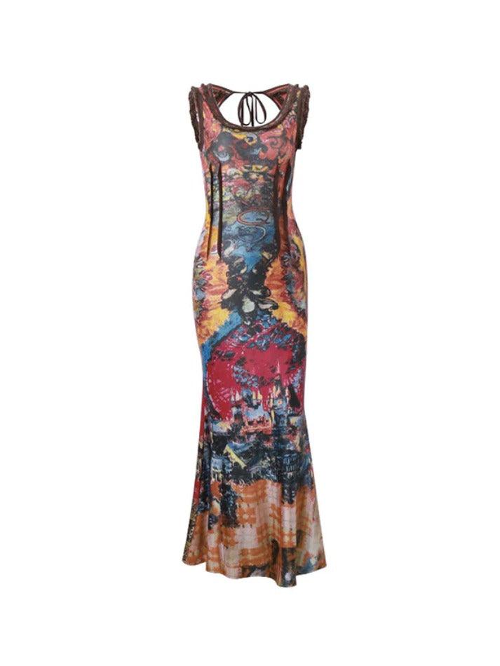 Vintage Random Print U Neck Backless Maxi Dress - AnotherChill