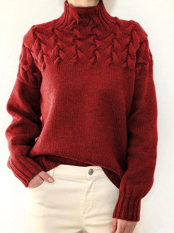 Solid Cable Knit Splice Turtleneck Sweater - AnotherChill