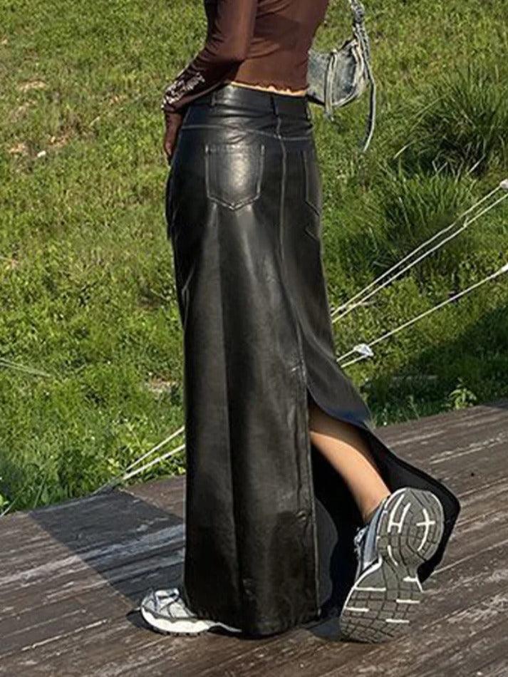 Vintage Leather Multi Pocket Maxi Skirt - AnotherChill