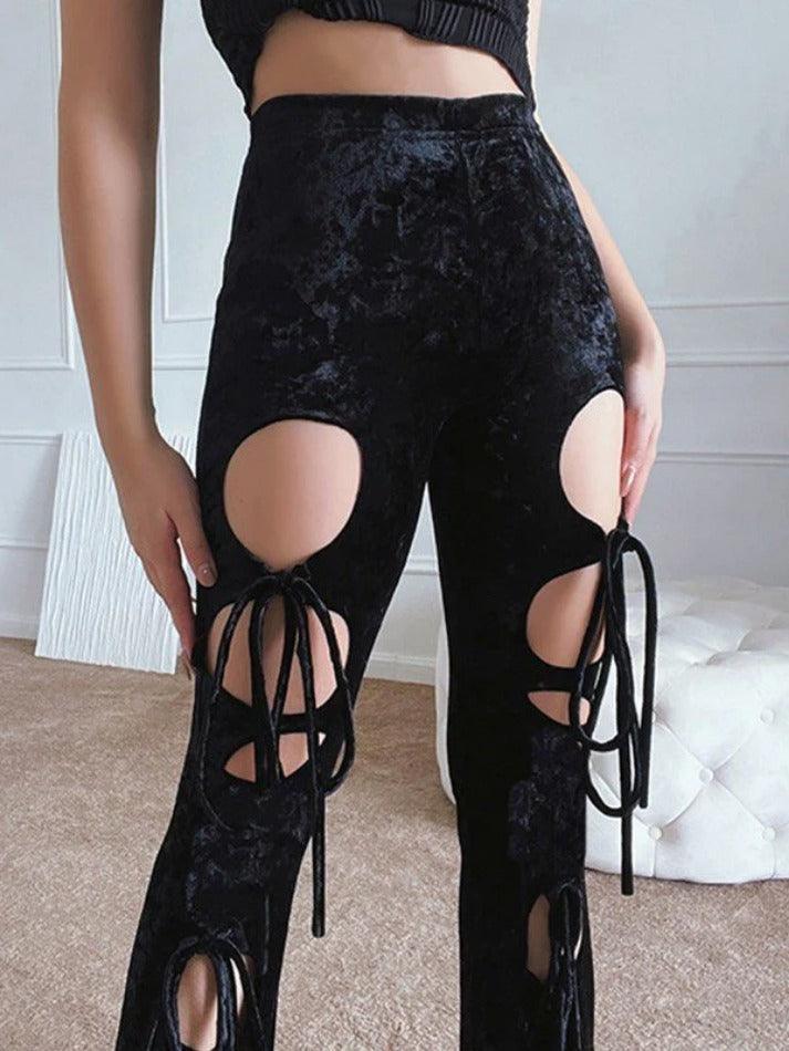 Lace Up Cutout Velvet Flare Leg Pants - AnotherChill