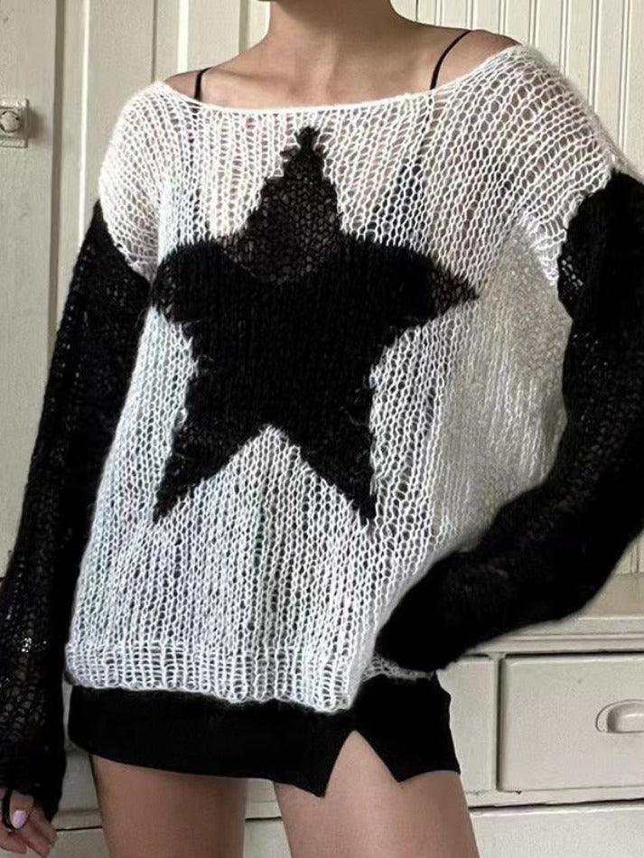 Contrast Color Star Baggy Smock Sweater - AnotherChill