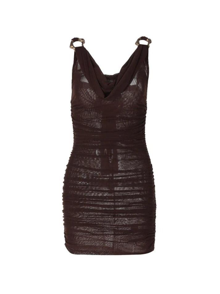 V Neck Mesh Metal Ring Mini Dress - AnotherChill