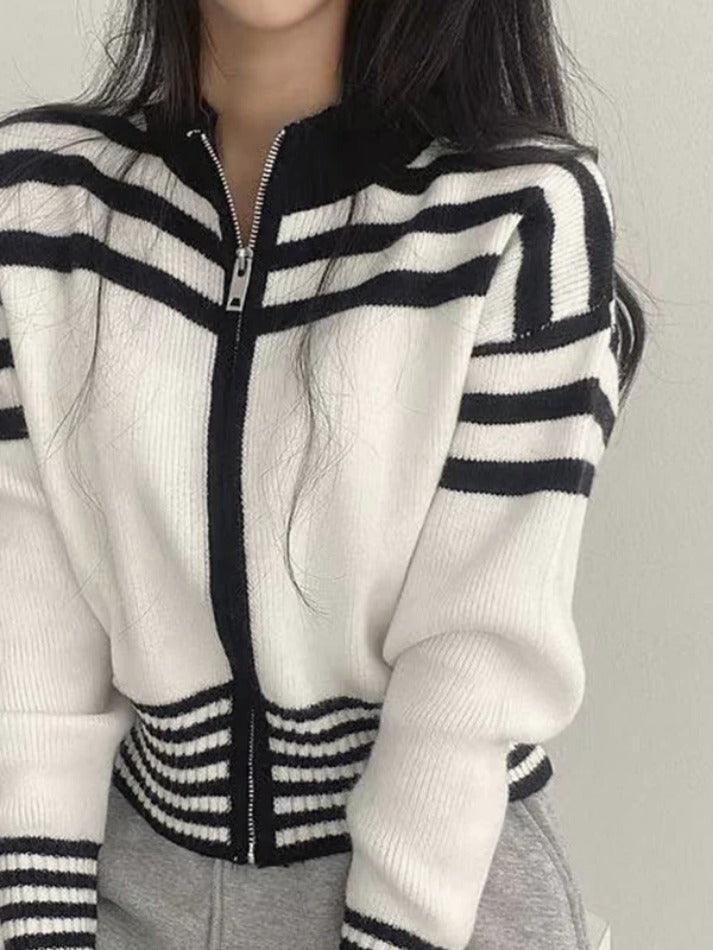 Collar Neck Stripe Short Cardigan - AnotherChill