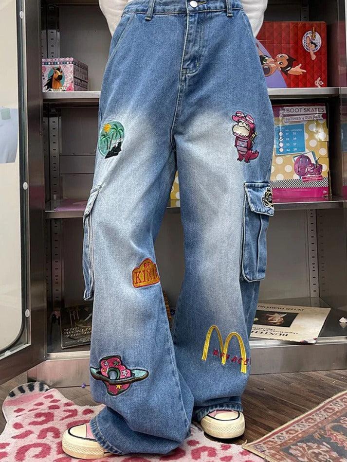 Vintage Cartoon Embroidery Big Pocket Boyfriend Jeans - AnotherChill