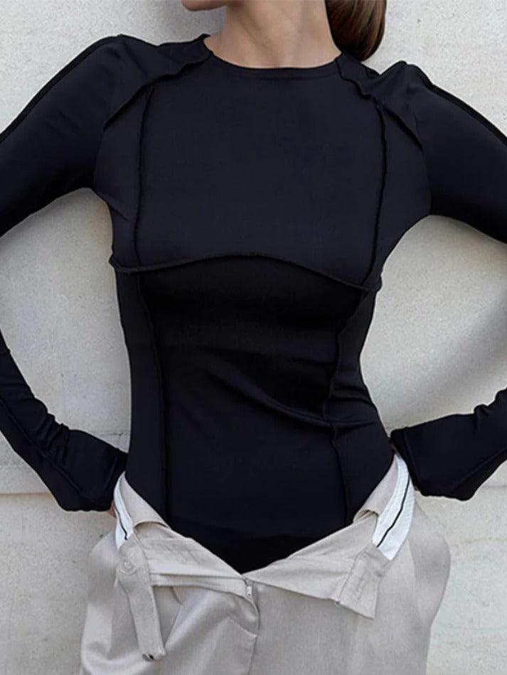 Solid Seam Detail Splice Long Sleeve Crew Neck Bodysuits - AnotherChill