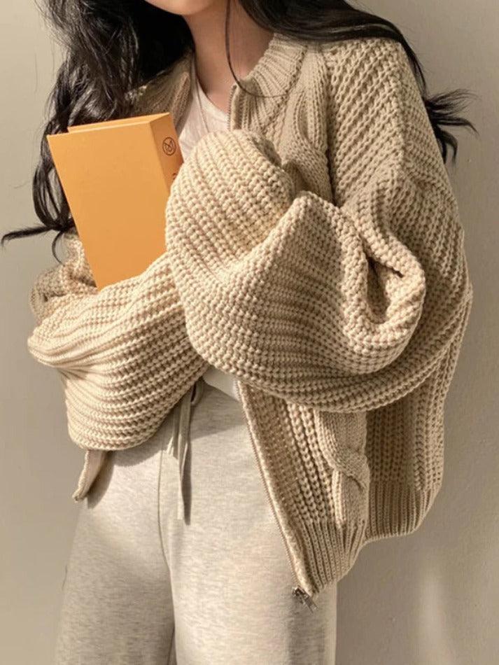 Solid Zip Up Crochet Cable Knit Cardigan - AnotherChill