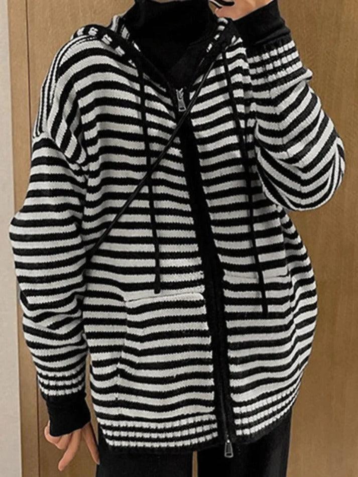 Striped Hooded Double Zip Knit Cardigan - AnotherChill