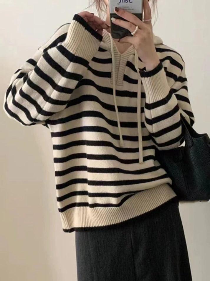 Vintage Contrast Color Striped Hooded Knit Sweater - AnotherChill