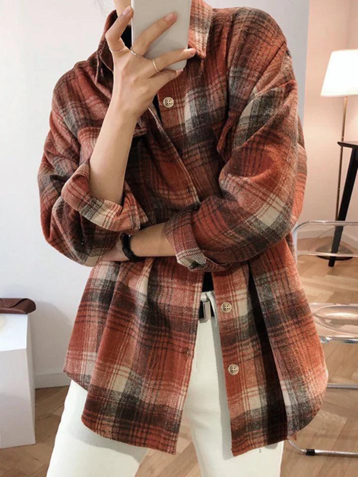 Vintage Plaid Brushed Long Sleeve Blouse - AnotherChill