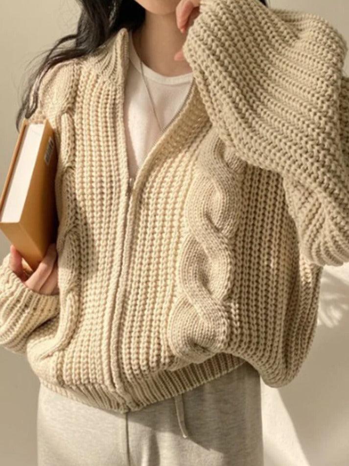 Solid Zip Up Crochet Cable Knit Cardigan - AnotherChill