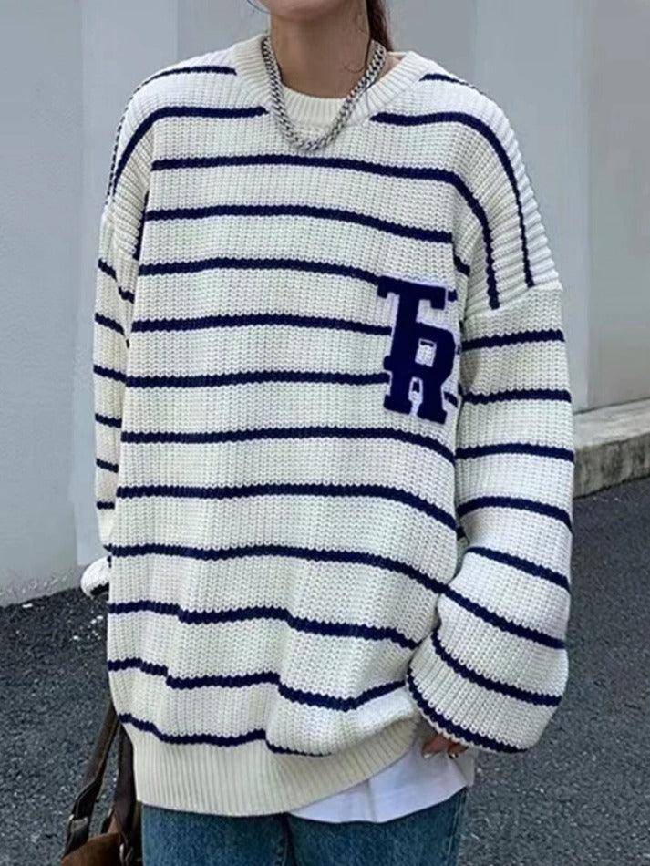 Striped Letter Embroidery Print Pullover Sweater - AnotherChill