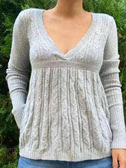 Solid V Neck Crochet A Line Hem Sweater - AnotherChill