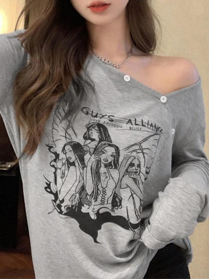 Anime Print Slanted Shoulder Oversized Long Sleeve Tee - AnotherChill