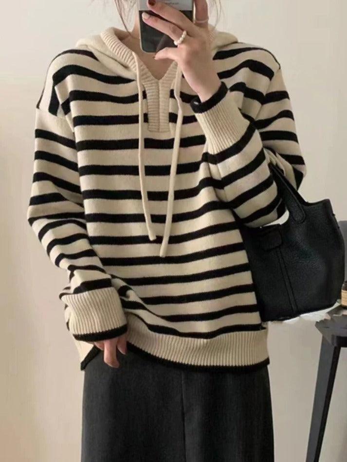 Vintage Contrast Color Striped Hooded Knit Sweater - AnotherChill