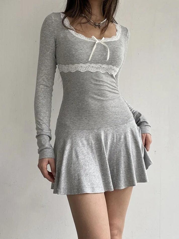 Lace Splice Bow Decor Square Neck Mini Dress - AnotherChill