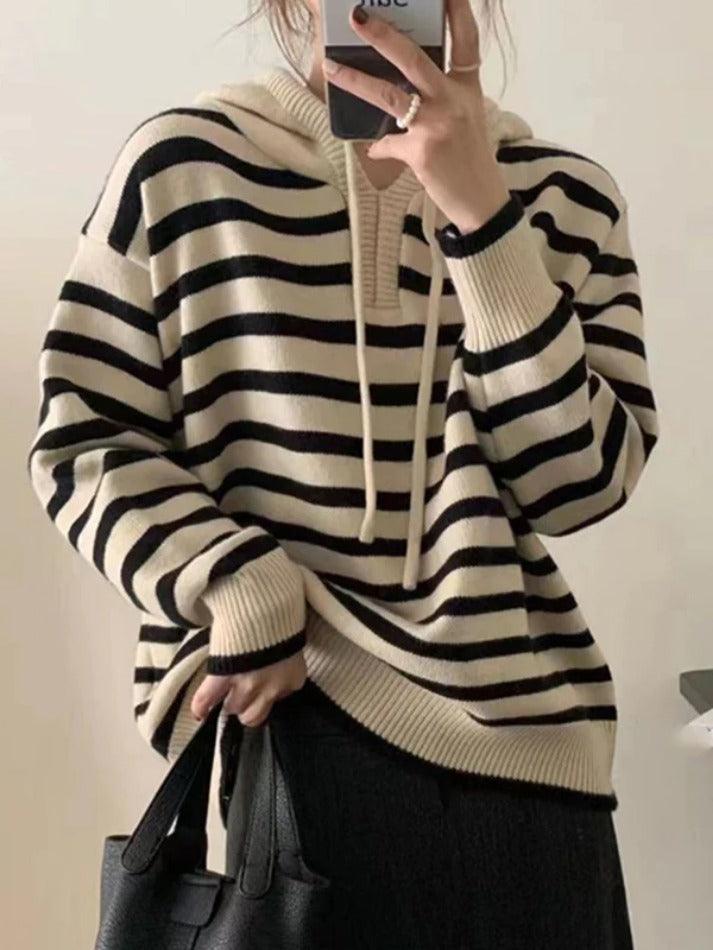 Vintage Contrast Color Striped Hooded Knit Sweater - AnotherChill