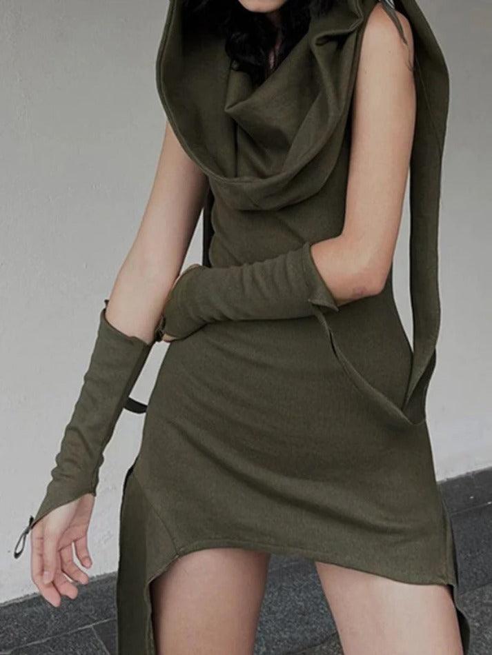 Hooded Stacked Irregular Hem With Sleeve Mini Dress - AnotherChill