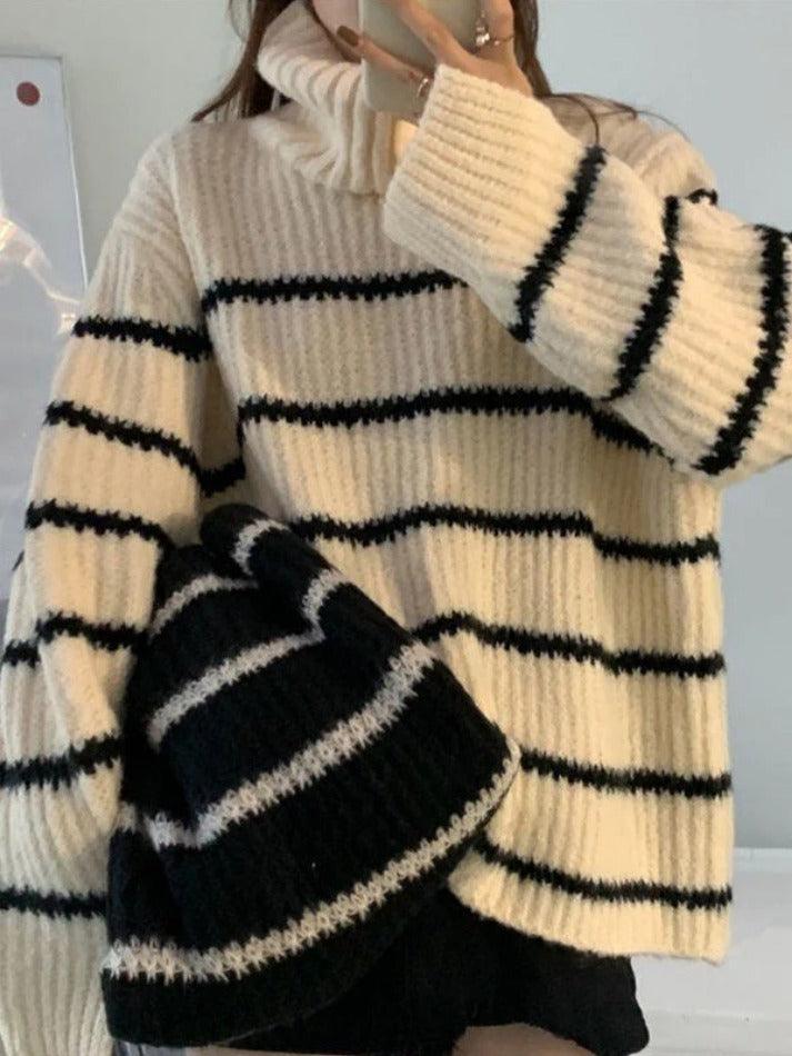 Turtleneck Striped Knit Sweater - AnotherChill