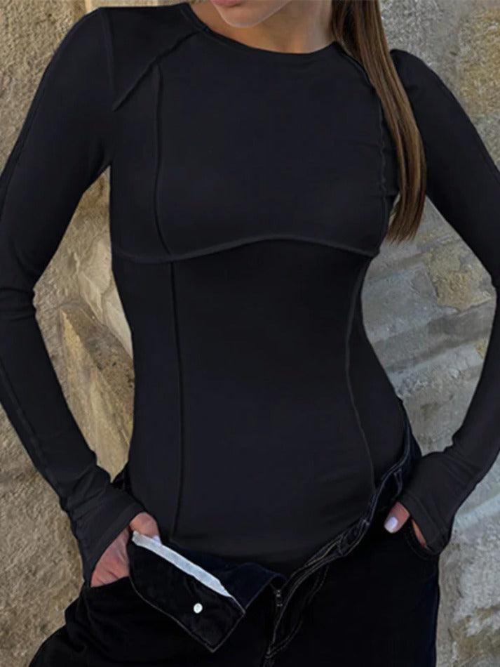 Solid Seam Detail Splice Long Sleeve Crew Neck Bodysuits - AnotherChill