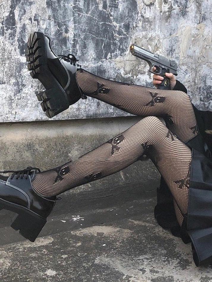 Black Skull Pattern Fishnet Tights - AnotherChill