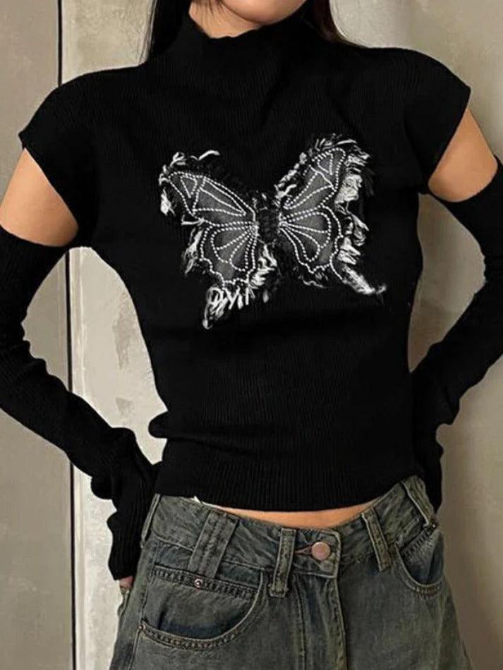 Butterfly Patch Mock Neck With Cuff Long Sleeve Knit - AnotherChill