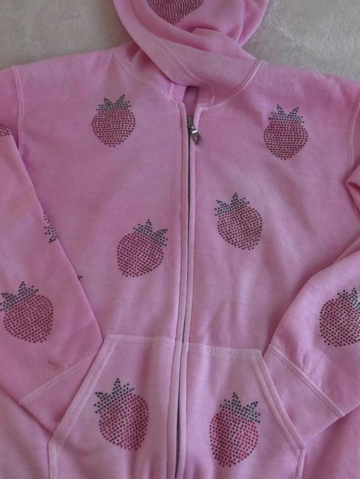 Strawberry Rhinestone Print Zip Up Oversized Hoodie - AnotherChill