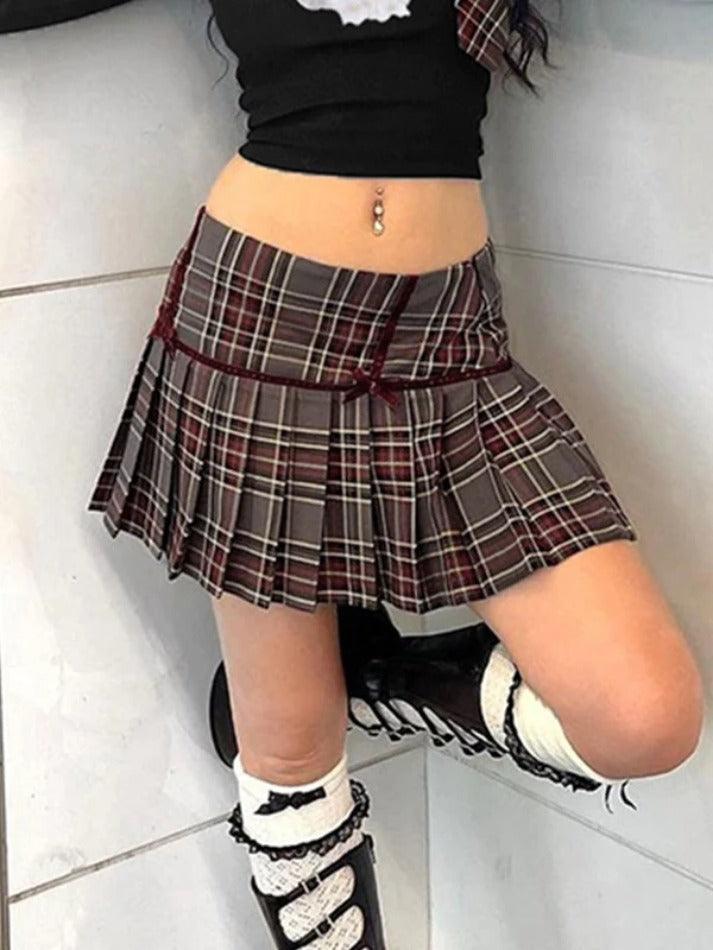 Vintage Plaid Print Bow Decor Pleated Low Rise Mini Skirt - AnotherChill