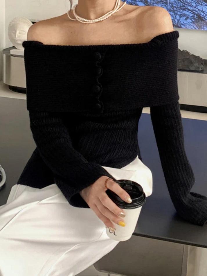 Solid Off Shoulder Slit Knit Sweater - AnotherChill