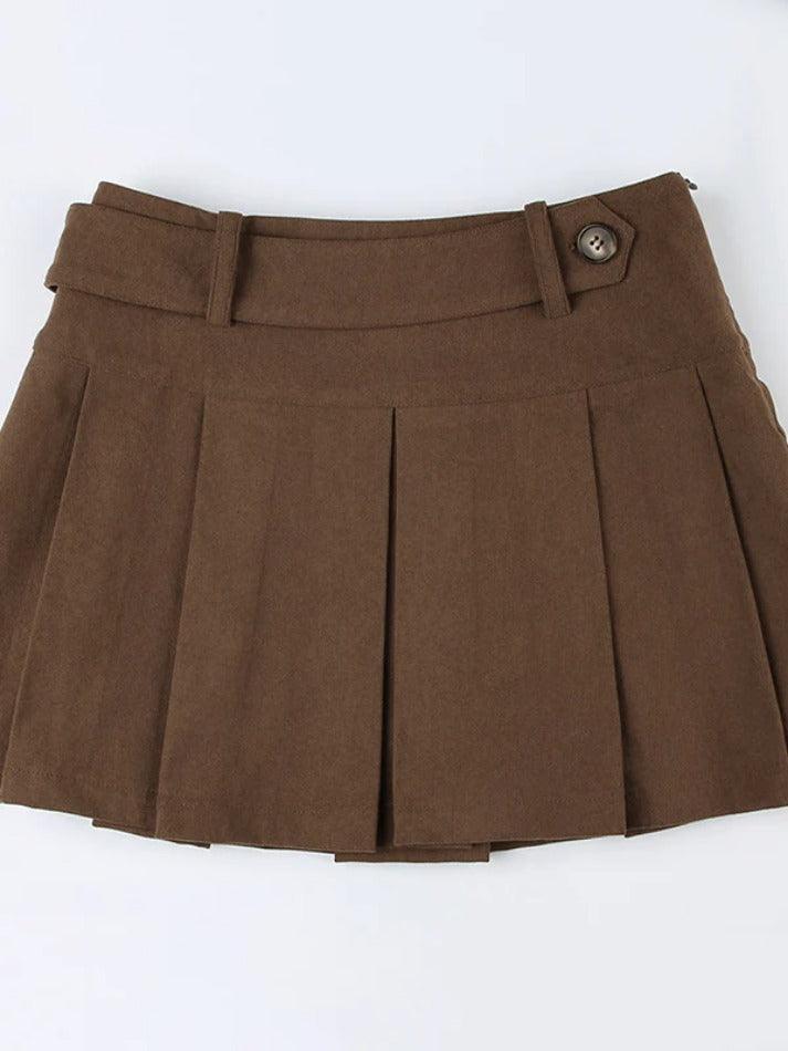 Vintage Brown Corduroy Belted Pleated Mini Skirt - AnotherChill