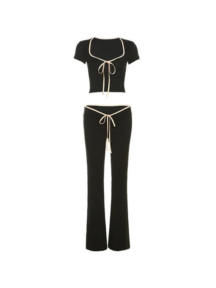 Contrast Color Trim Square Neck Tee & Low Rise Flare Pants Set - AnotherChill