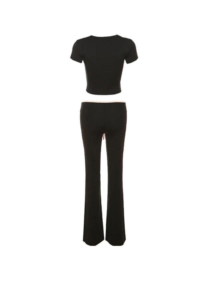 Contrast Color Trim Square Neck Tee & Low Rise Flare Pants Set - AnotherChill