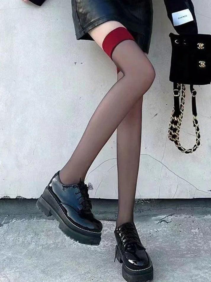 Contrasting Cuff Sheer Thigh High Socks - AnotherChill