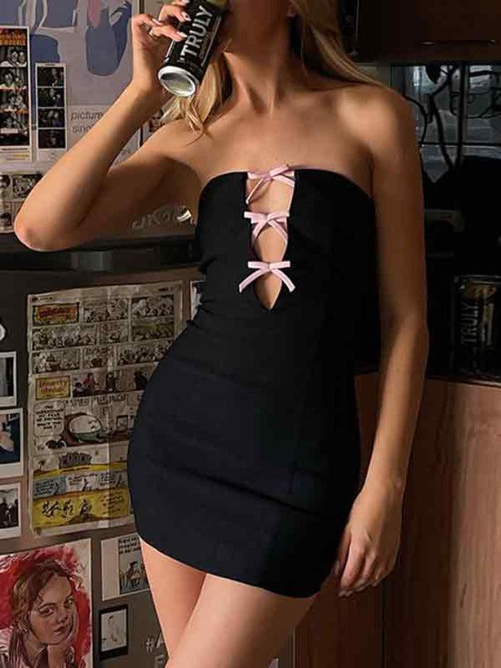 Cutout Bow Decor Wrap Hip Mini Dress - AnotherChill