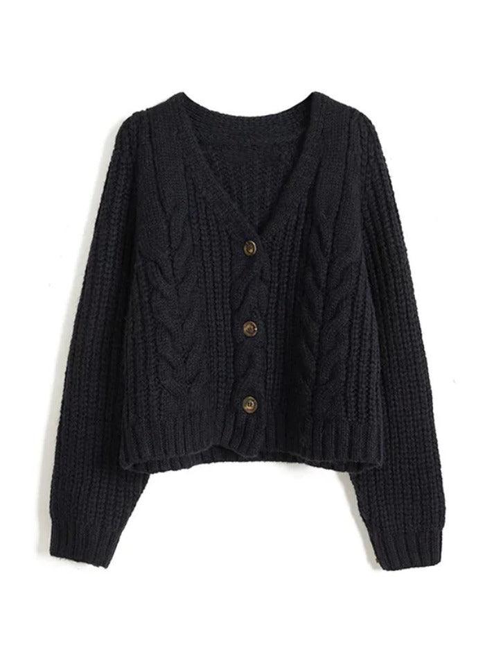 Solid V Neck Cable Knit Cardigan - AnotherChill